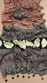 White and Red Striped Ajrakh Contemporary Satin Crepe Modal Silk Saree